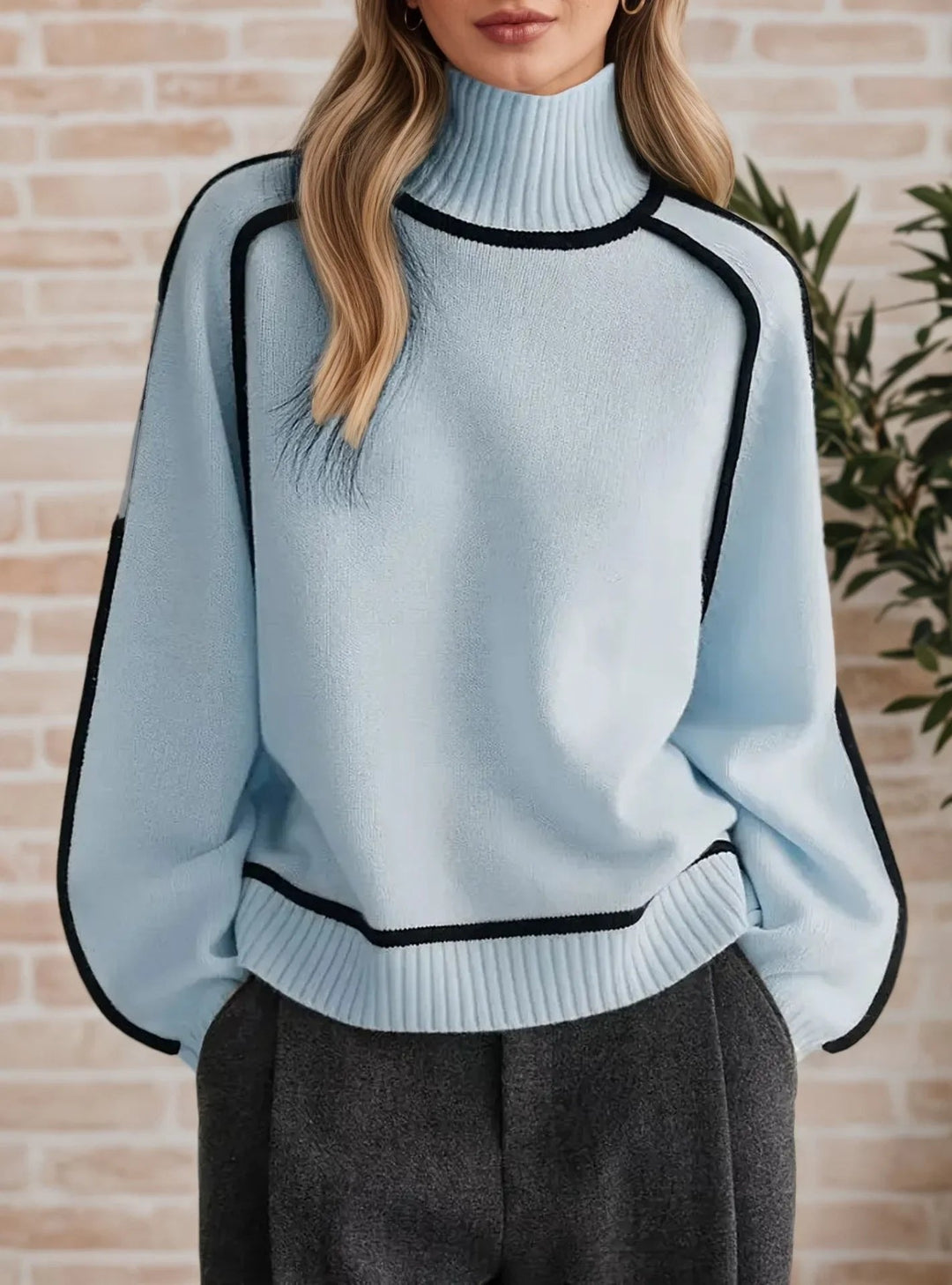 Camila | Women's Oversized Turtleneck Colorblock Knit Sweater 4