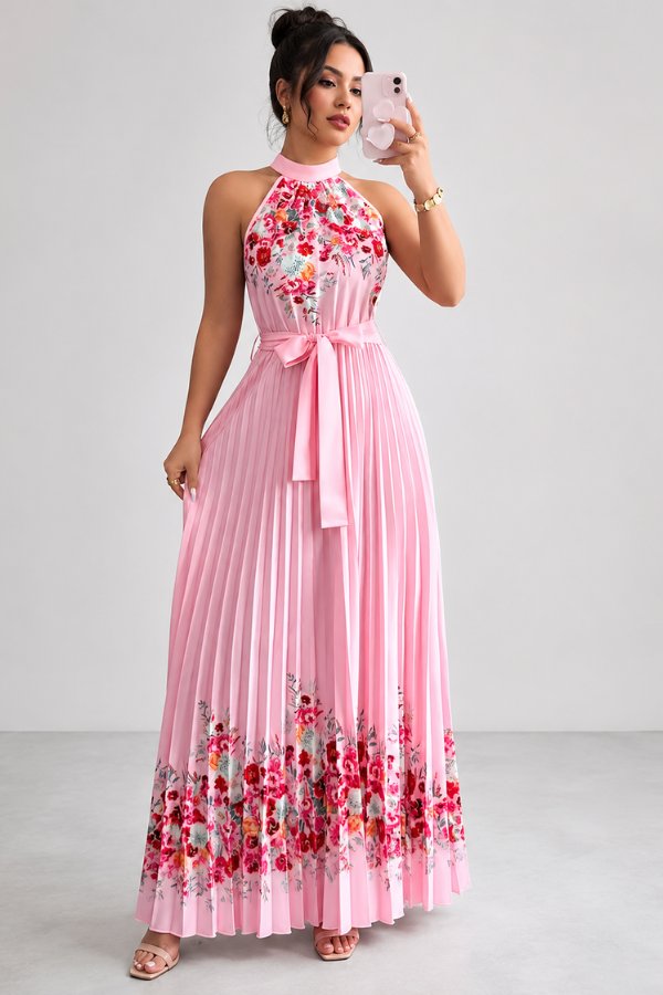 Charlie | Floral Pleated Halter Midi Dress 1