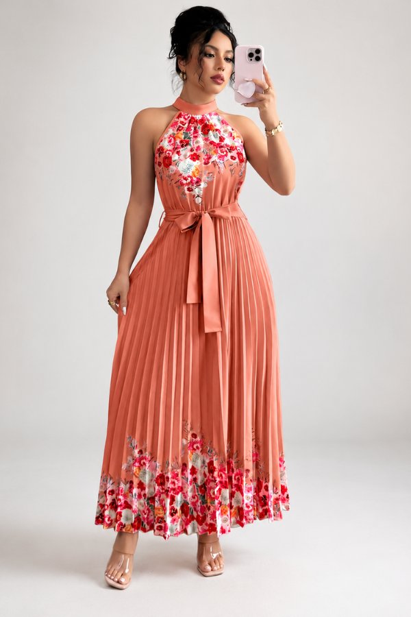 Charlie | Floral Pleated Halter Midi Dress 10
