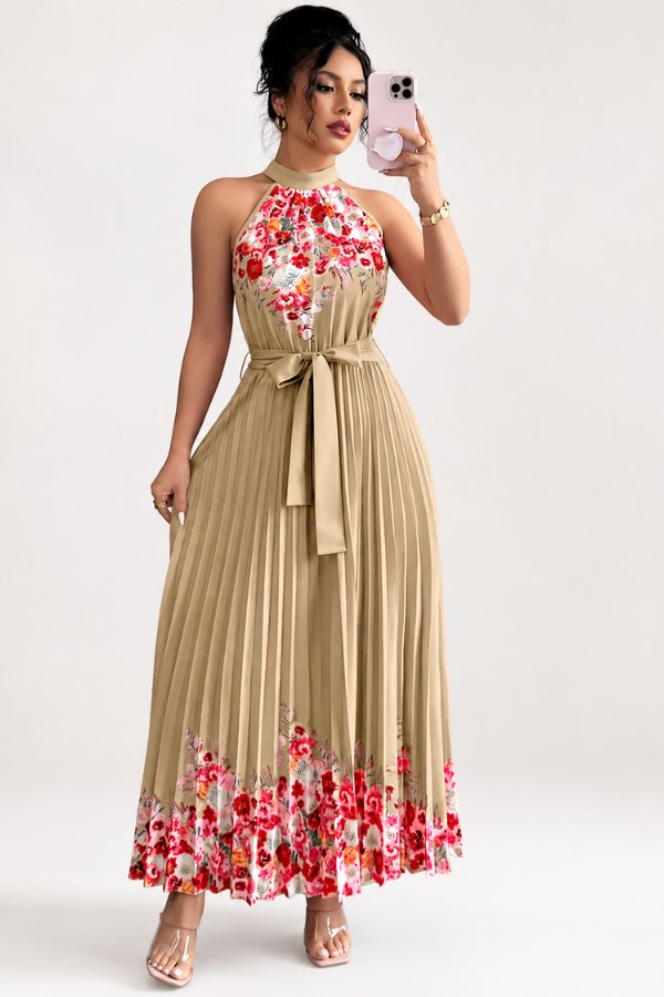 Charlie | Floral Pleated Halter Midi Dress 13