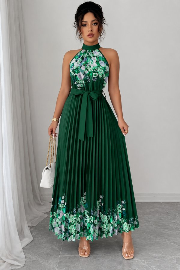 Charlie | Floral Pleated Halter Midi Dress 16