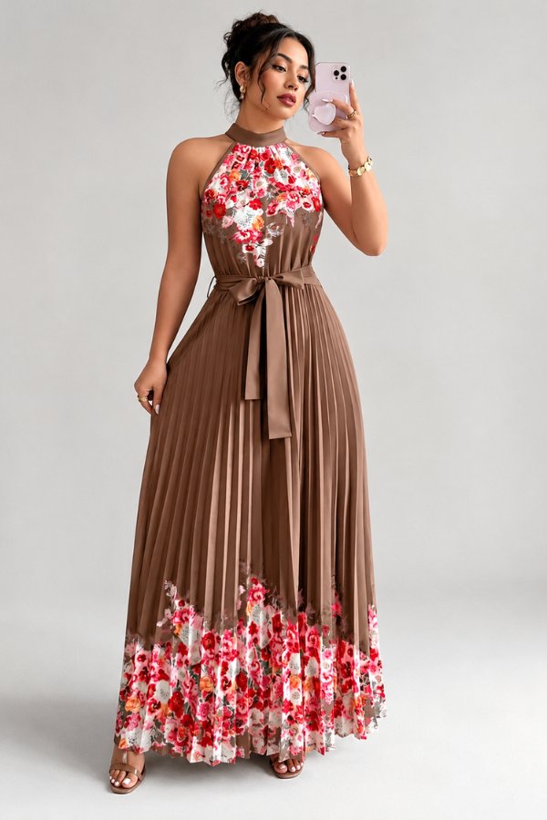 Charlie | Floral Pleated Halter Midi Dress 9