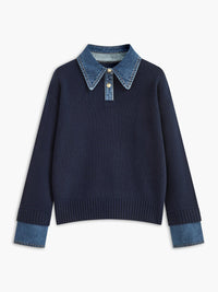 Grace | Sophisticated Denim Collar Knit Polo Sweater