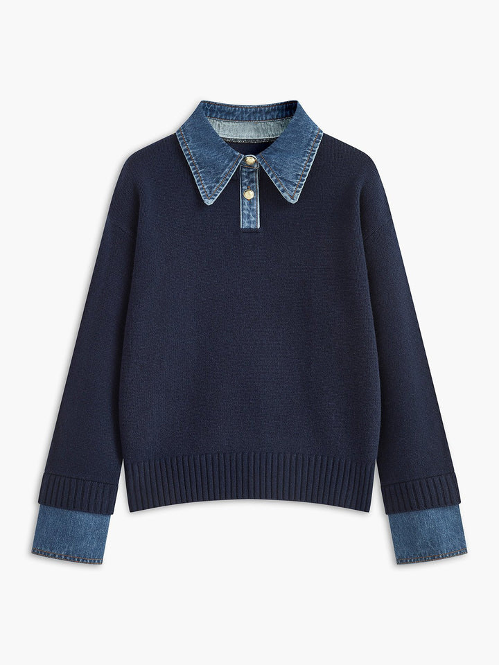 Charlotte | Comfortable And Warm Denim-Collar Knit Polo Sweater 0