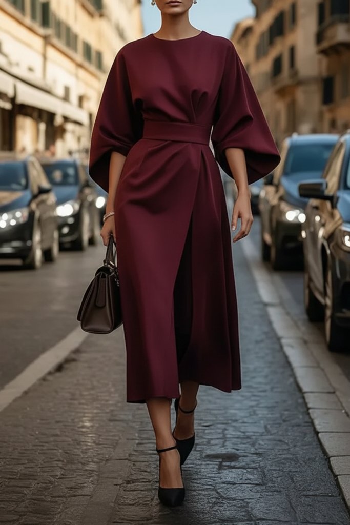 Clara | Elegant Lantern-Sleeve Waist-Cinching Cocktail Midi Dress 7