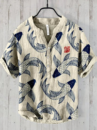 Mike | Artistic Fish Print Linen Shirt