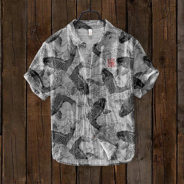 David | Stylish Fish Art Linen Shirt 2