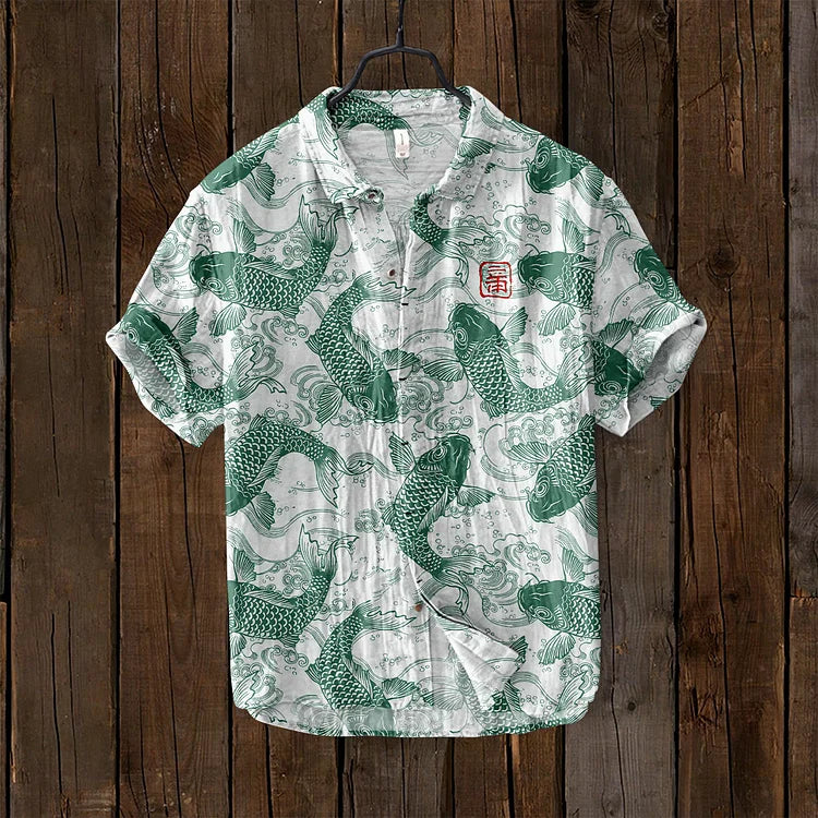 David | Stylish Fish Art Linen Shirt 3