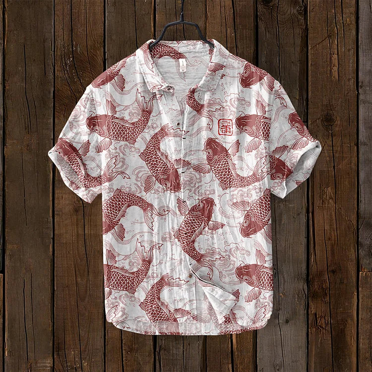 David | Stylish Fish Art Linen Shirt 4