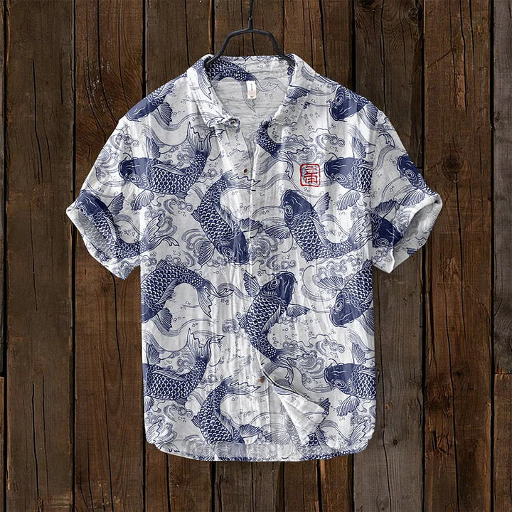 David | Stylish Fish Art Linen Shirt 5