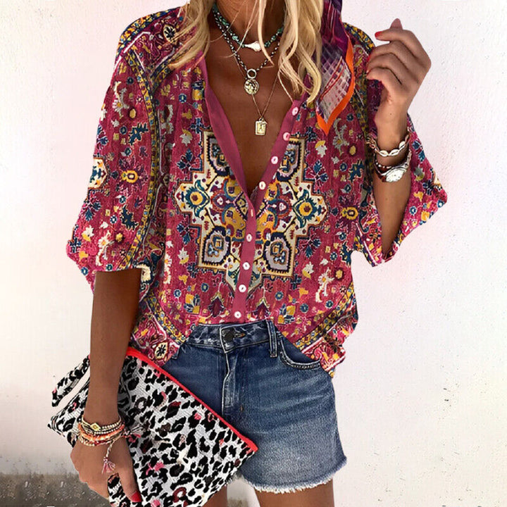 Eloise | Vibrant Boho Print V-Neck Blouse 2