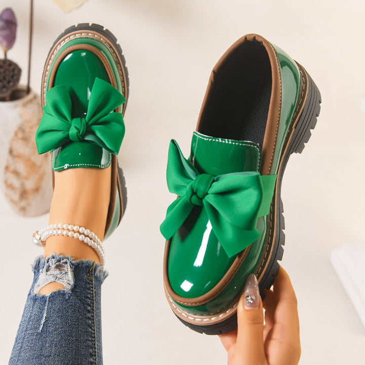 Gleam | Chunky Platform Women's Loafers – Glossy Green with Bowknot Detail 0