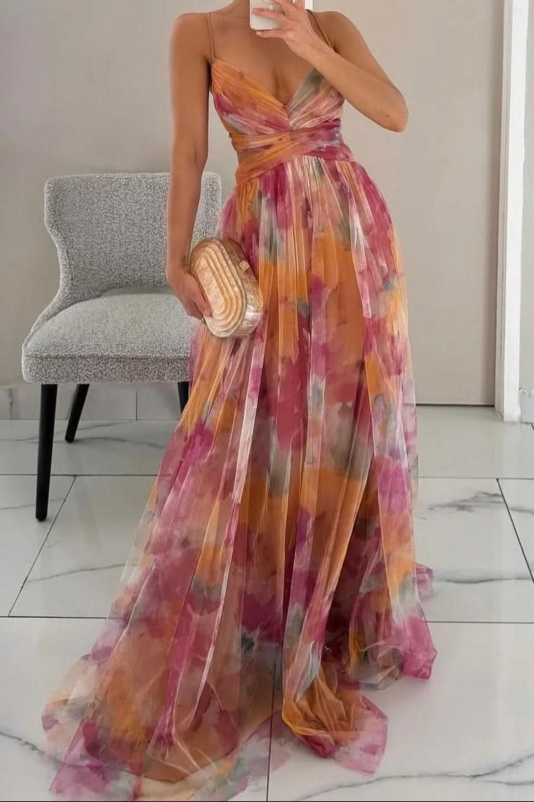 Grace | Vibrant Watercolor Floral Tulle Maxi Dress 0