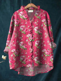 Chloe | Floral Ruffle-Trim Linen Button-Down Blouse