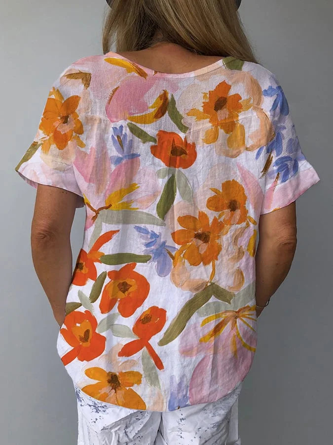 Iris | Elegant And Sophisticated Retro Floral Linen Blouse 4