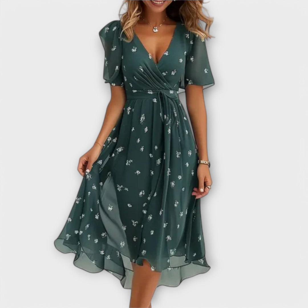 Isolde | Floral Midi Dress Wedding Guest Elegant V-Neck Fit 0