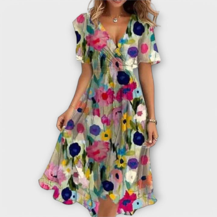 Isolde | Floral Midi Dress Wedding Guest Elegant V-Neck Fit 3