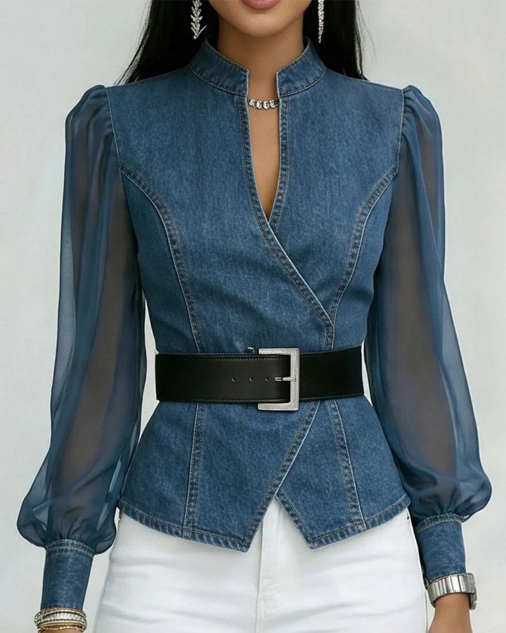 Ivy | Elegant Denim Wrap Top – Women's Blouse with Airy Chiffon Sleeves 0