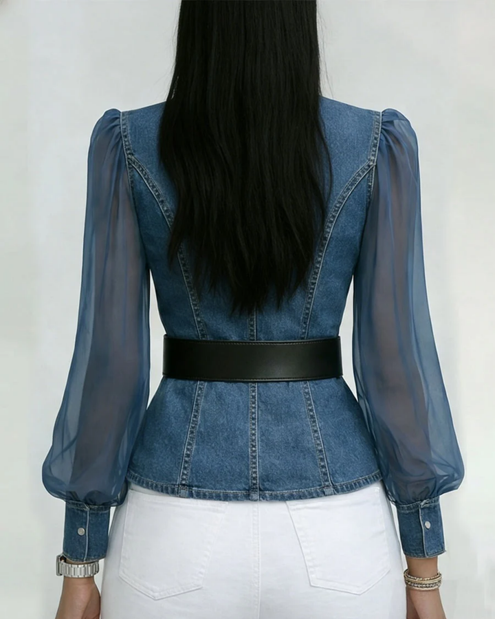 Ivy | Elegant Denim Wrap Top – Women's Blouse with Airy Chiffon Sleeves 2