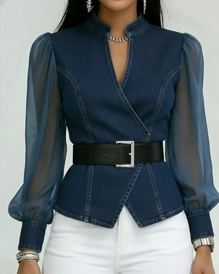 Ivy | Elegant Denim Wrap Top – Women's Blouse with Airy Chiffon Sleeves 3