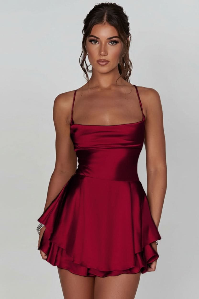Lily | Lustrous Satin Ruffle-Skirt Cocktail Mini Dress 0