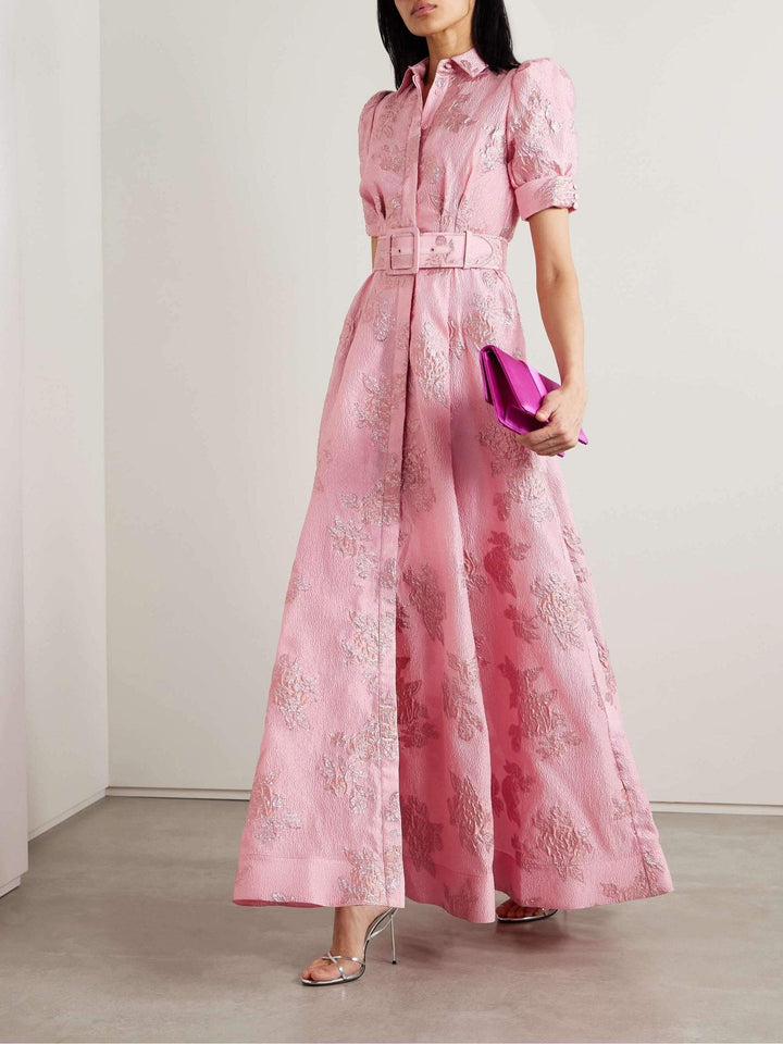 Lina | Elegant Floral Wedding Guest Dress – Formal, Cinched Waist &amp; Charming Puff Sleeves 0