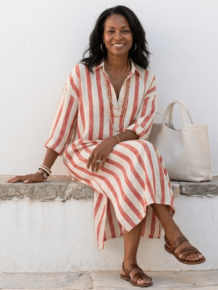 Maya | Elegant And Comfortable Striped Midi Shirt Dress 5