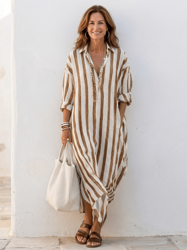 Maya | Elegant And Comfortable Striped Midi Shirt Dress 6