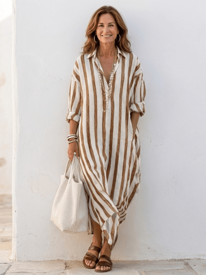 Maya | Elegant And Comfortable Striped Midi Shirt Dress 6