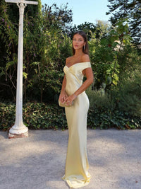 Amelia | Timeless and Elegance Satin Off-The-Shoulder Wedding Guest Dress