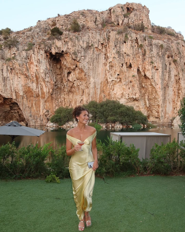 Maya | Elegant Satin Off-The-Shoulder Wedding Guest Dress 4