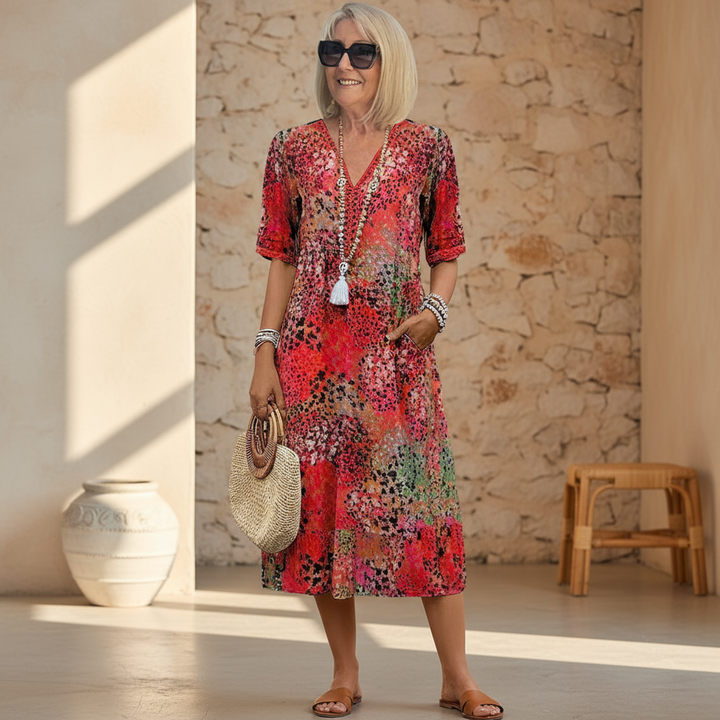 Ravina | Floral Pink Midi Dress – Elegant, Relaxed Fit &amp; Comfortable for Women 0