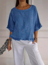 Elena | Textured Frayed-Hem Relaxed Short-Sleeve Blouse