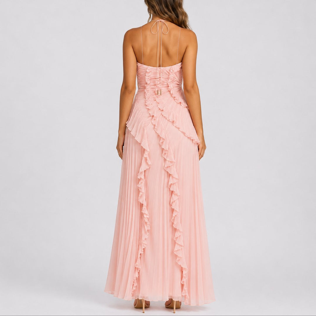 Arabella | Robe longue romantique et fluide à col licou pour mariage d’automne