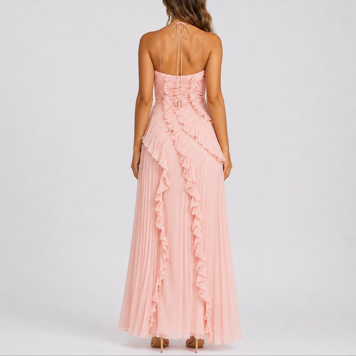 Arabella | Robe longue romantique et fluide à col licou pour mariage d’automne