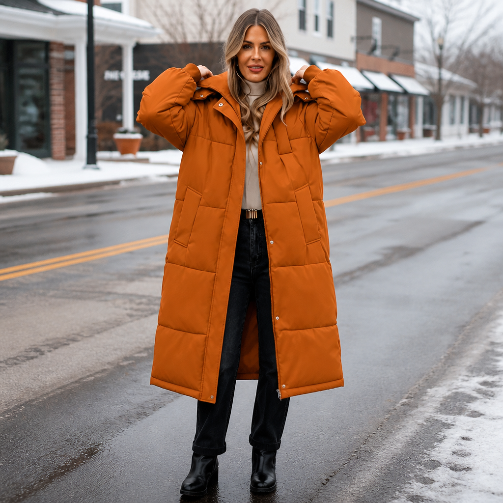 Wearbella | Long Hooded Puffer Coat – Stylish & Warm for Women
