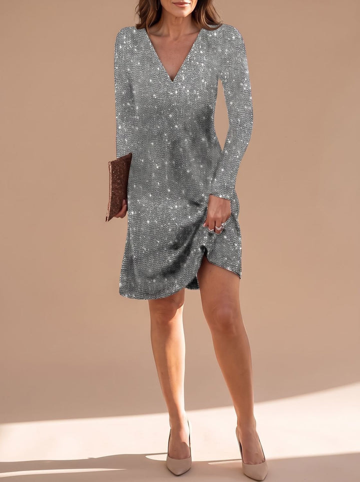 Harper | Sequin Mini Dress – Long-Sleeve V-Neck for Women