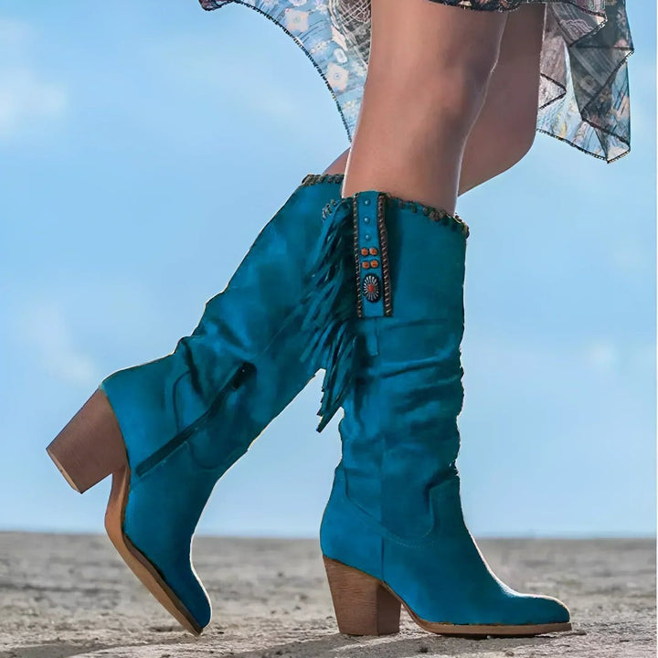 Willow | Bottes western élégantes et tendance en daim à franges, hauteur genou