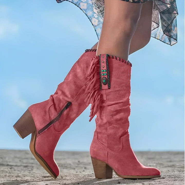 Willow | Bottes western élégantes et tendance en daim à franges, hauteur genou