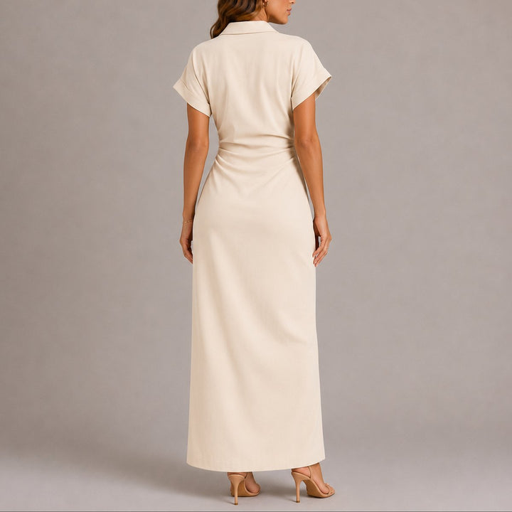 Christina | Chic e raffinato abito lungo autunnale da cerimonia stile camicia