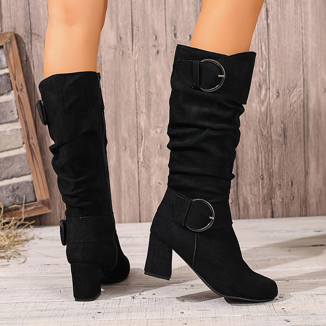 Luna | Bottes décontractées plissées à double boucle, hauteur genou