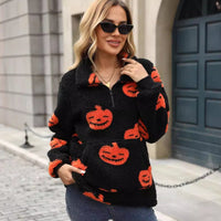 Noelle | Pumpkin-Print Front-Pocket Plush Halloween Sweater