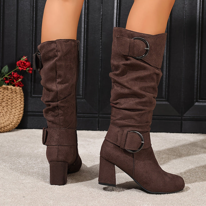 Luna | Bottes décontractées plissées à double boucle, hauteur genou