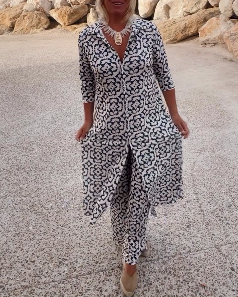 Lydia | Completo con tunica stampata con scollo a V e pantaloni a gamba larga