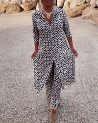 Lydia | Completo con tunica stampata con scollo a V e pantaloni a gamba larga