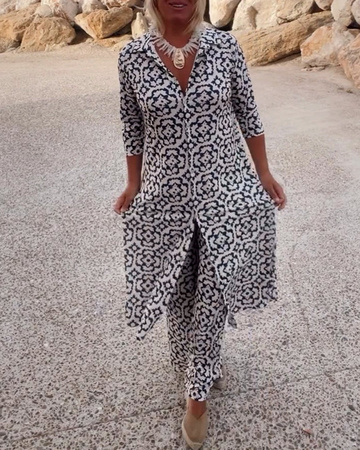 Lydia | Completo con tunica stampata con scollo a V e pantaloni a gamba larga