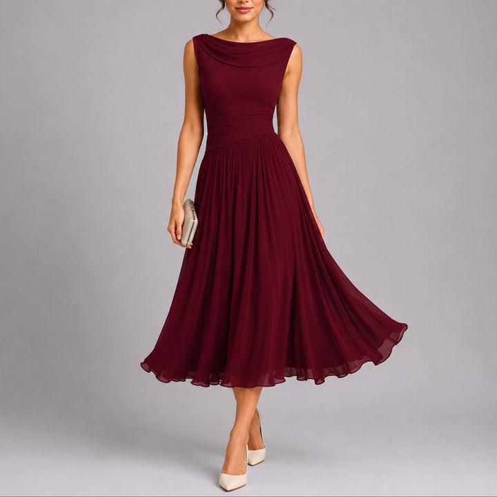 Camille | Robe midi plissée élégante et sophistiquée pour mariage d’automne
