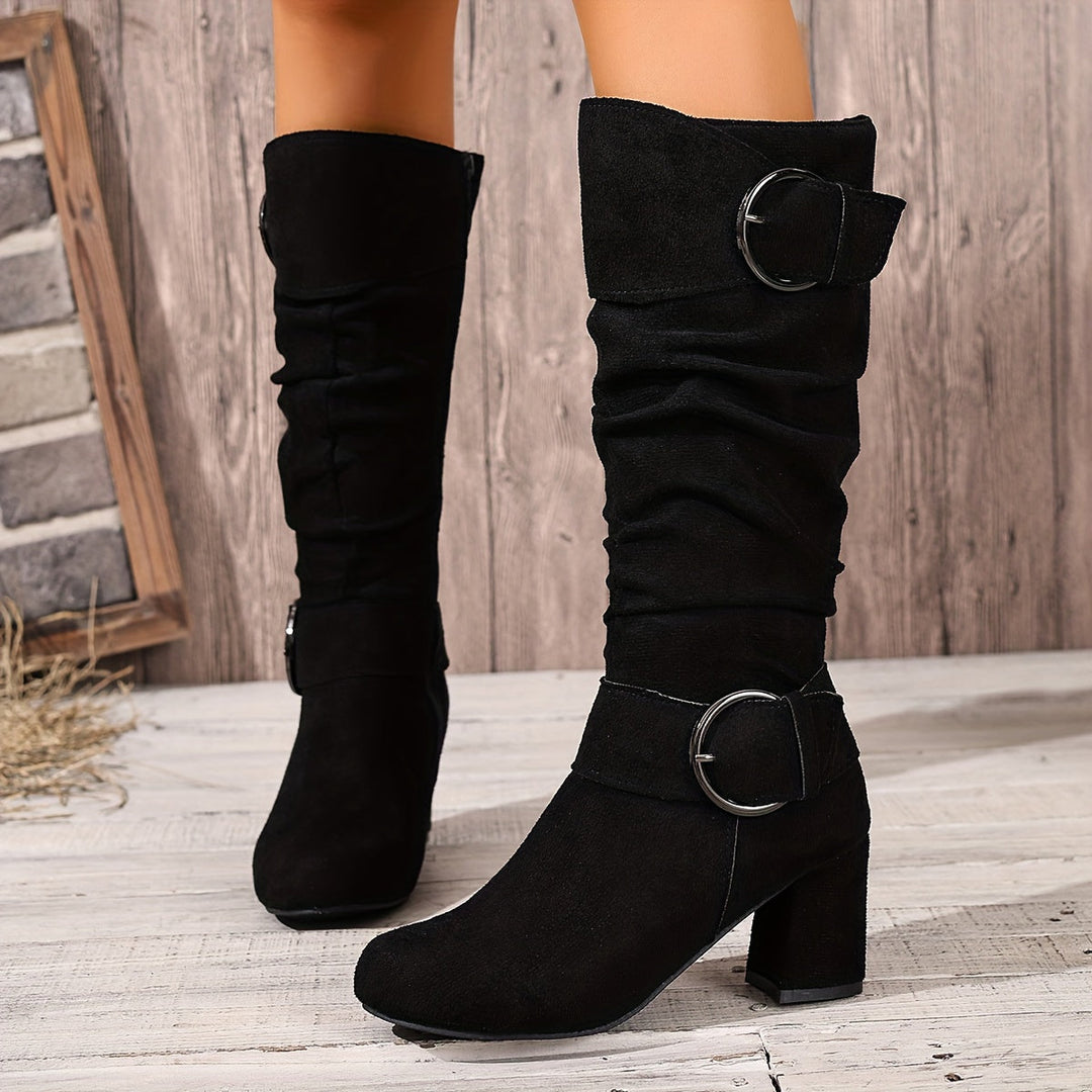 Luna | Bottes décontractées plissées à double boucle, hauteur genou