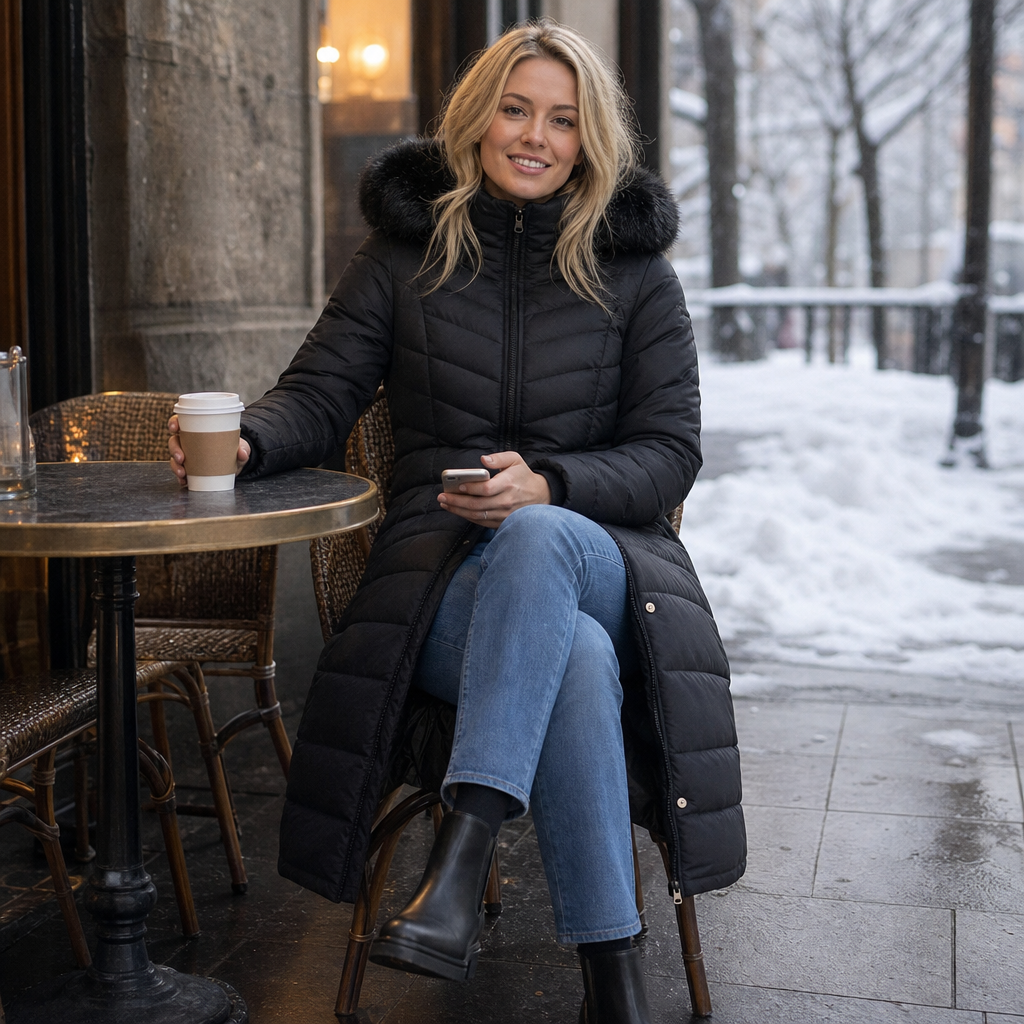Chevronwarm | Longline Puffer Coat with Fur Hood
