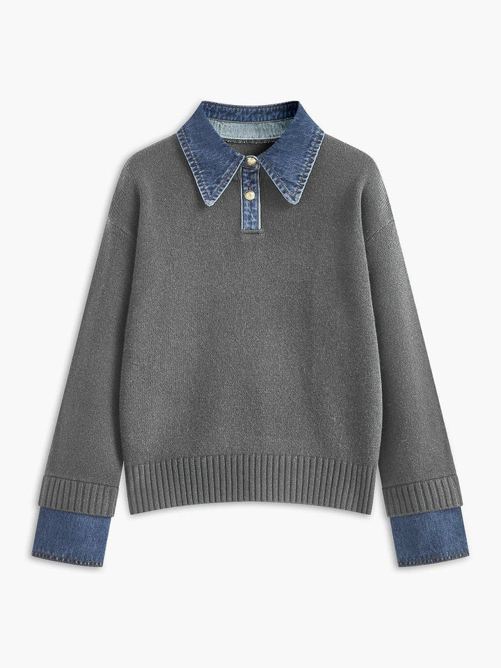 Amelie | 2-in-1 Sweater with Denim Collar and Metal Buttons